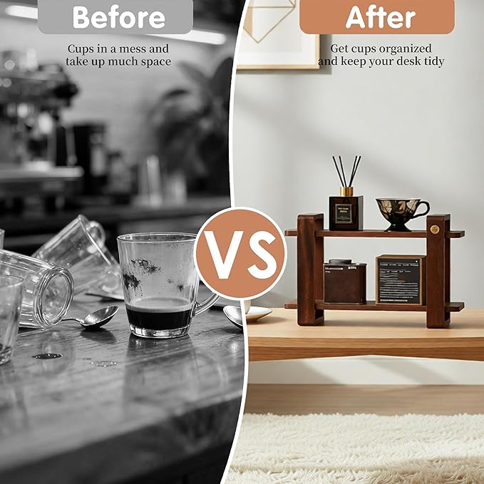 Coffee Station Organizer for Kitchen Walnut Wooden Countertop Mug Holder 2 Tier Wooden Cup Organizer Stand Shelf