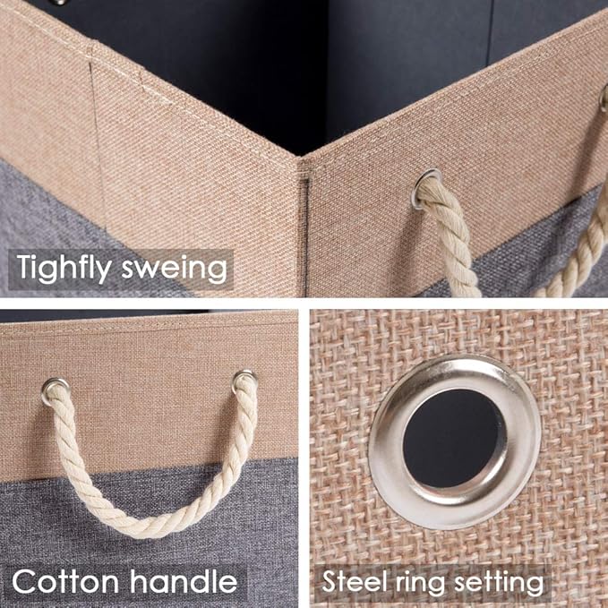 PRANDOM Large Foldable Cube Storage Bins 11x11 inch [4-Pack] Fabric Linen Storage Baskets Cubes Drawer with Cotton Handles Organizer for Shelves Nursery Closet Bedroom Khaki