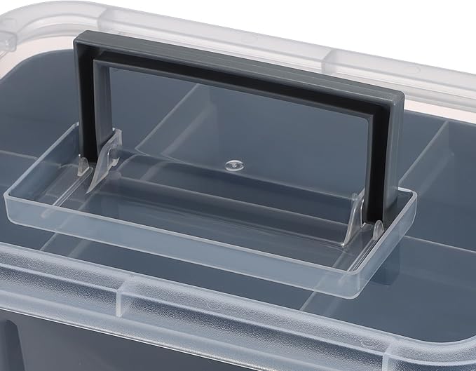 JUXYES 2 Pack 3-Tiers Stack Carry Storage Box With Divided Tray, Transparent Stackable Storage Bin With Handle Lid Latching Storage Container for School & Office Supplies, Dark Gray