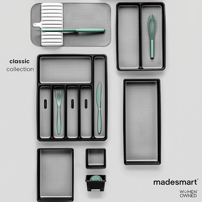 madesmart Premium Small Silverware Tray, Compact 5 Compartment Flatware Organizer for Forks, Knives & Spoons, Non Slip, Soft Grip Lining, Fits Small Drawers, Carbon