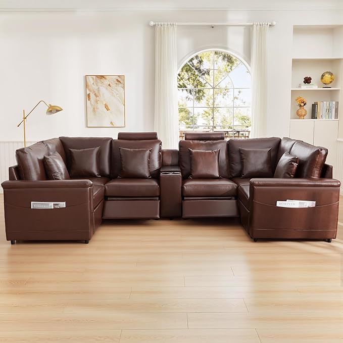 LEVNARY 6-Seat U Shaped Modular Sectional Sofa with Power Recliners, Upholstered Faux Leather Couch Storage Console with Charging Ports & Cup Holders, Living Room Couch Set for Home Office (Brown)