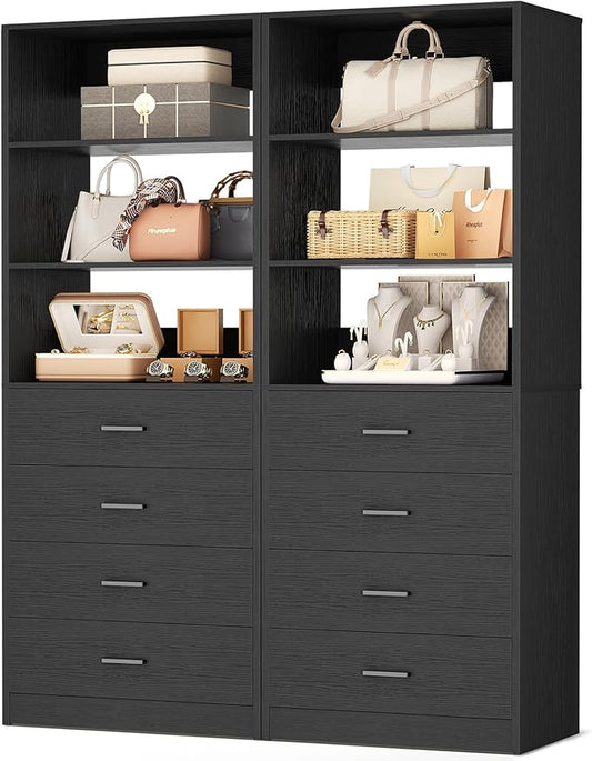 Aheaplus Closet Drawers Organizer System, 3.54FT Wood Closet System with 4 Drawers, Modular Walk-in Closets Storage Unit, Tall Bookshelf Storage Cabinet, Black (2 Packs)