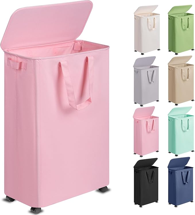 Vincona Slim Laundry Hamper with Lid and Wheels, Small Rolling Laundry Basket with Handle for Small Spaces, Tall Dirty Clothes Hampers for Dorm, Bathroom and Bedroom, 75L, Pink