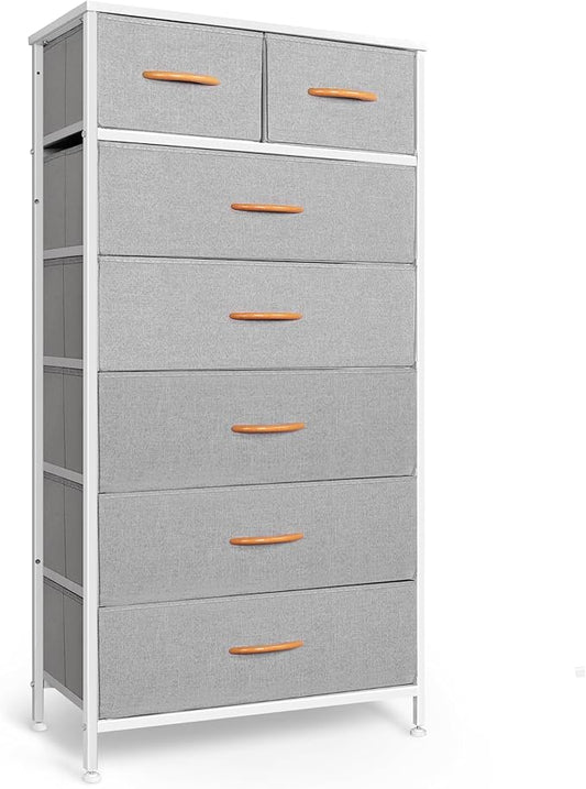 Mifuro Tall Dresser for Bedroom, Vertical Storage Organizer Tower with 7 Drawers, Chest of Drawers with Fabric Bins, Steel Frame, Wood Top for Bedroom, Closet, Entryway- Light Grey