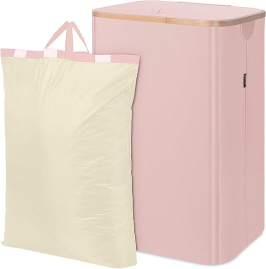 BALEINE Laundry Hamper with Lid, Tall Laundry Baskets with Bamboo Pull Handles, Large Laundry Bin with Internal Support (18 Gal/70L, Pink)