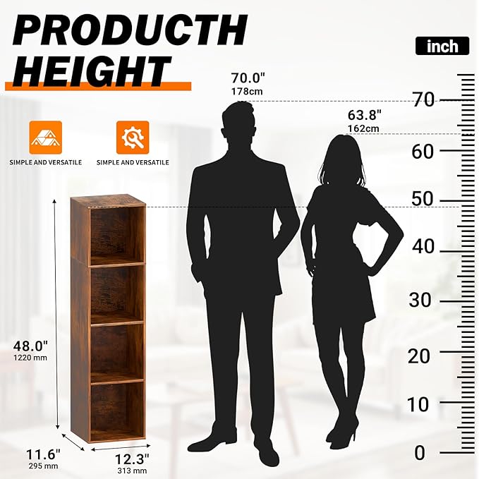 Cube Storage Organizer, 4 Cube Retro Bookshelf, Freestanding 4 Tier Open Shelf, Rustic Brown Retro Shelves for Home Office, Bedroom, Living Room, Study