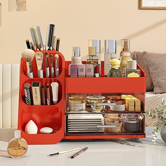 Booklov Makeup Organizer for Vanity, Large Capacity Cosmetic Display Case with Clear Acrylic Drawers, Countertop Beauty Storage Holder for Skincare, Brush Eyeshadow Lipstick, Counter Desk, Crystal Red