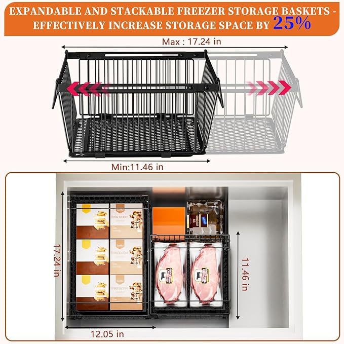 Large Freezer Organizer Bins，Upgraded Bottom Leak-Proof net，Fit 10 to 20 Cu.Ft Deep Freezer，3 Pack， Expandable Stackable Chest Freezer Organizer Bins , for Fridge, Deep Freezer, Cabinet