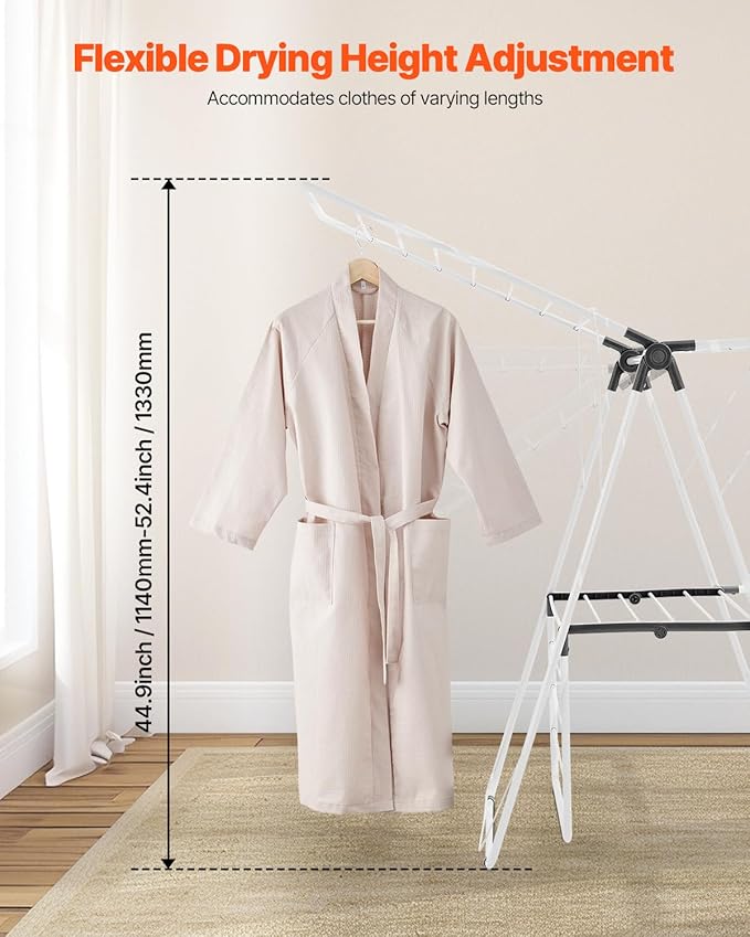 VEVOR Clothes Drying Rack, 2-Tier Foldable Laundry Dryer Rack with Sock Clips & 31 Dry Rods, Metal Height Adjustable Drying Racks for Outdoor & Indoor, Free-Standing & Space-Saving Hanger, White