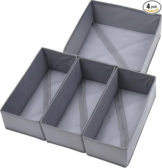 Bructhun Foldable Fabric Drawer Organizer Set 4 Pack Dresser Dividers - Sock Underwear Storage Bins Gray