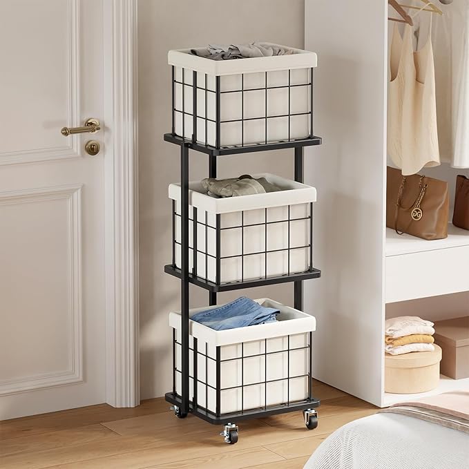 120L Vertical Rolling Laundry Hamper with Removable Bags, 3 Section Laundry Basket with Wheels, Slim Tall 3 Tier Laundry Sorter for Small Spaces, Dorm, Laundry Room, Bathroom, Closet, White