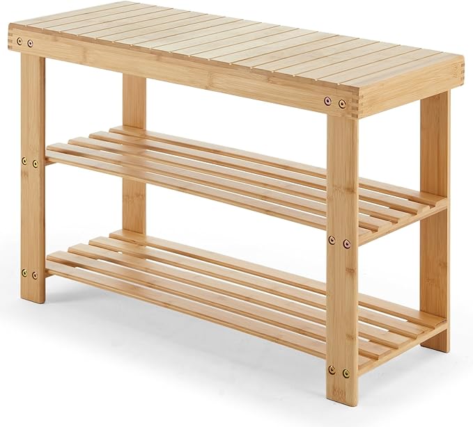Sweetcrispy Shoe Rack Bench, 3-Tier Bamboo Entryway Storage Organizer, 286lb Capacity, Shoes Stand for Front Door Entrance, Bedroom, Living Room, Bathroom, Balcony, 11.3 x 27.6 x 17.8 Inches, Wood