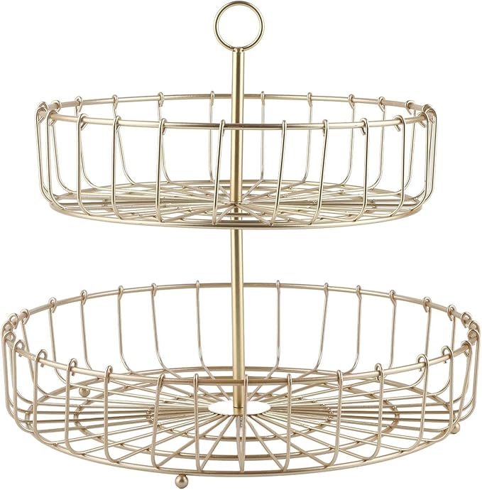 Fruit Bowl,11.93in Iron Round Golden 2 Tier Fruit Basket Nordic Household Snack Storage Tray for Kitchen Parties for Fruits Vegetables