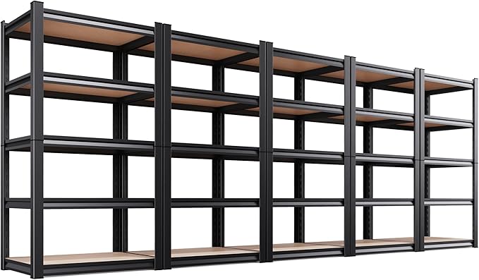 Set of 5 Garage Shelving Heavy Duty Storage Shelves, Metal Adjustable Shelving Unit, Utility Garage Organizer Shelf for Basement, Pantry, Kitchen, Warehouse,11.8" Dx27.5 Wx71.2 H Black