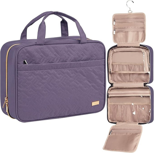 NISHEL Travel Toiletry Bag for women, Portable Hanging Organizer for Family-Sized Shampoo, Conditioner, Brushes Set, Makeup Accessories, Extra Large Size, Purple