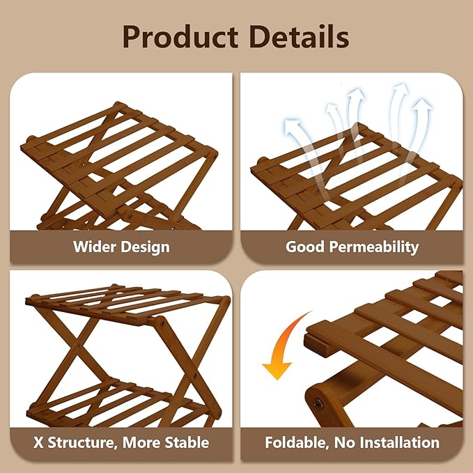 4 Tier Natural Bamboo Shoe Rack,Foldable Space Saving Shoe Storage Organizer,Easy Assembly & Strong Design Shoes Stand Shelf Organiser for Closet (Brown, Four Layers)