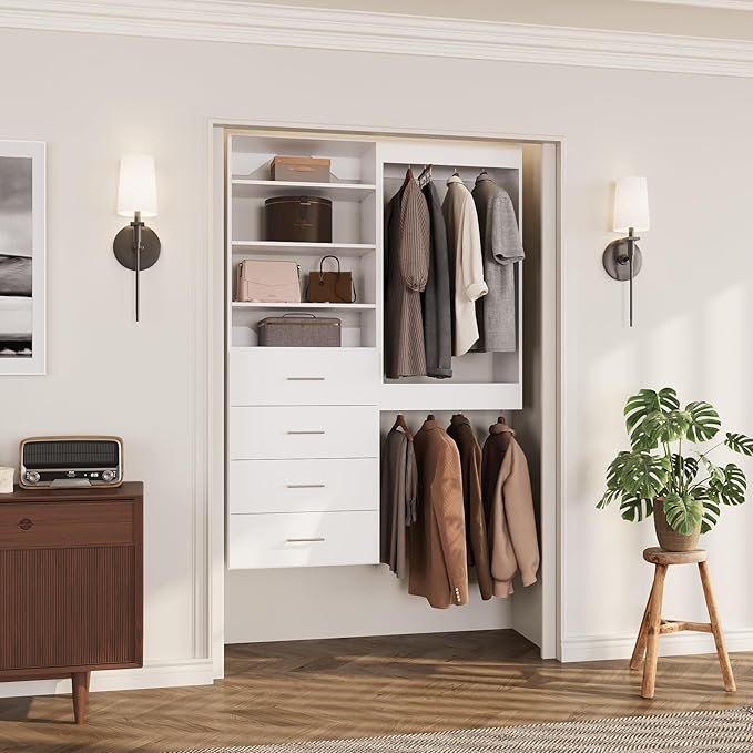 ROOMTEC Modular Closet System, 40" Wall-Mounted Closet Organizer with Drawers and Hanging Rods, Wooden Tower for Walk-In Closets, Wardrobe Storage Kit, White