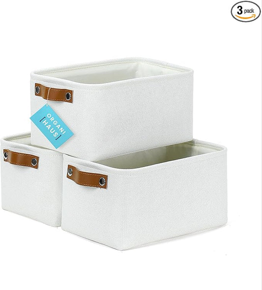 OrganiHaus Small Fabric Storage Baskets 3 Pack, 12x8in Cloth Storage Bins for Shelves, Small Baskets for Organizing Pantry Closet, Canvas Shelf Baskets, Off-White