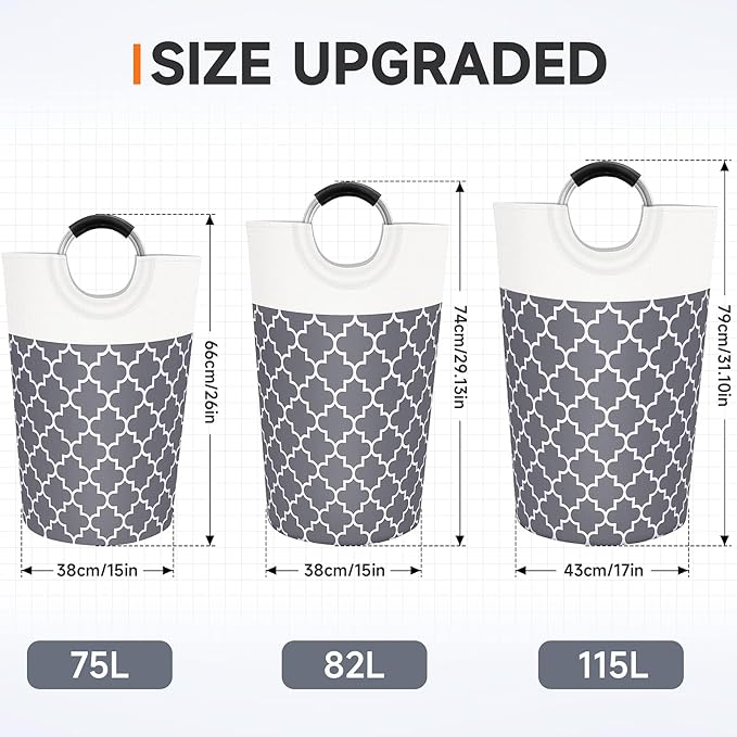 Fabspace Large Laundry Basket Laundry Hamper Bag Washing Bin Clothes Bag Collapsible Tall with Handles Waterproof Travel Bathroom College Essentials Storage for College Dorm, Family (Grey) 82L