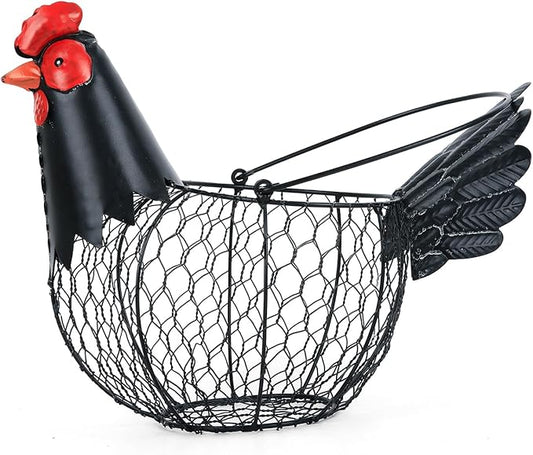 Chicken Egg Basket, Egg Collecting Baskets,Metal Wire Egg Basket with Handle, Farmhouse Chicken Decor, Rustic Black Rooster Chicken Shaped Fruit Bowl Countertop Holder for Home Kitchen Decoration