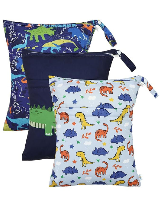 babygoal Dinosaur Wet Dry Bags 3 Pack, Waterproof Travel Bags for Swimsuits, Beach, Pool, Gym,Food Storage and Wet Clothes,3LN40-B