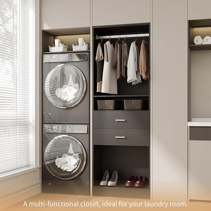 VOWNER 25'' Freestanding Closet System with Drawers & Hanging Rod, Wood Closet Organizer System, Walk-in Closet Shelving Unit, Clothes Garment Rack, Armoire Wardrobe Bedroom Entryway