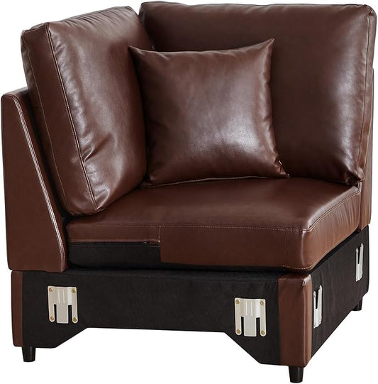 LEVNARY Modular Corner Chair, Faux Leather Upholstered Single Corner Seat for Sectional Sofas (Brown)