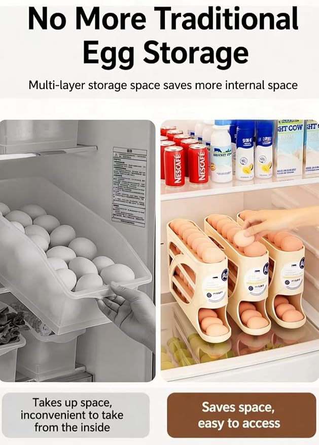4-Tier Egg Dispenser for Refrigerator, Gravity Auto-Rolling Design, Holds 30 Eggs, Space-Saving Easy-Access Fridge Organizer Rack