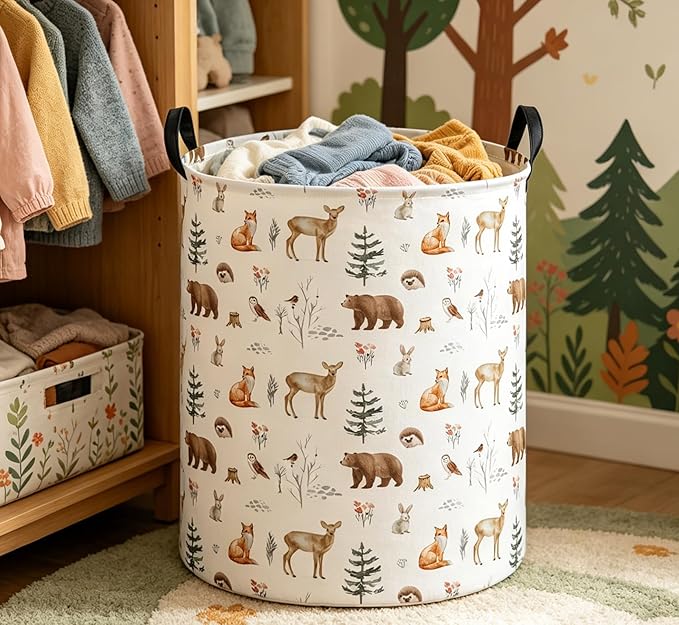Essme Kids Laundry Basket,Animal Hamper Waterproof Storage Bin for Boys, Woodland Hamper,Gift Baskets(Woodland Animal)