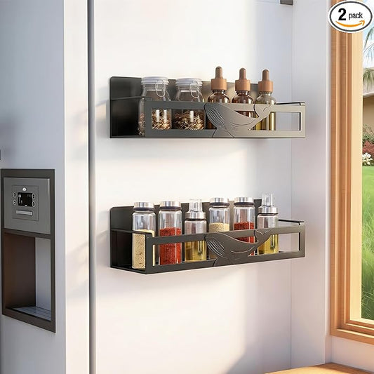 Magnetic Spice Rack for Refrigerator, 2 Pack Metal Magnetic Shelf Organizer for Fridge Side, Strong Spice Storage Rack for Kitchen, Black