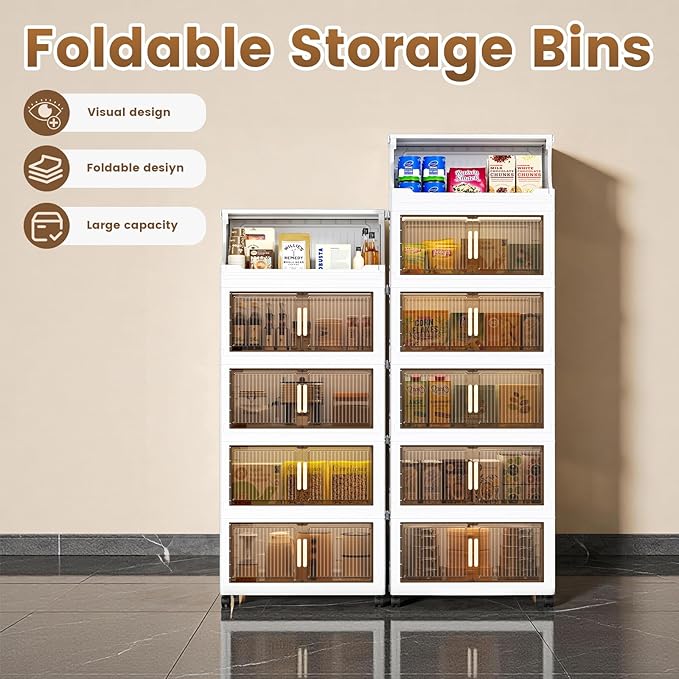5 Tier Plastic Storage Bins with Top Open Shelf, Folding Storage Box with Doors and Wheels, Stackable Closet Organizers for Living Room, Office, Dorm
