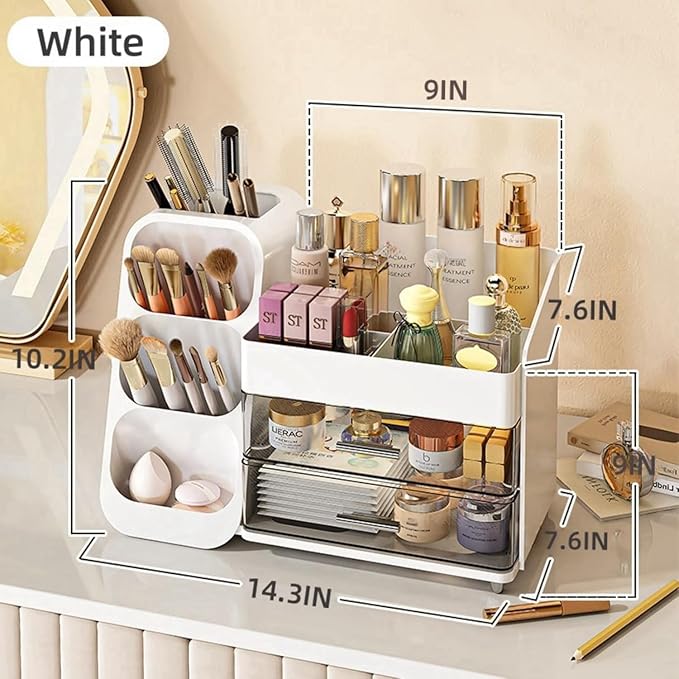 Booklov Makeup Organizer for Vanity, Large Capacity Cosmetic Display Case with Clear Acrylic Drawer, Countertop Beauty Storage Holder for Skincare, Brush Eyeshadow Lipstick Counter Desk, Crystal White