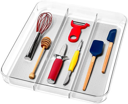 madesmart Premium 3 Compartment Clear Drawer Organizer, Multi-Purpose Storage with Soft Grip Lining & Non Slip Base, Grey