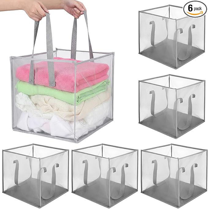 6 Pack Popup Laundry Hamper, 13 Inch Collapsibles Laundry Baskets with Handles, Portable Mesh Dirty Clothes Baskets Single Layer Foldable Clothes Hamper for Washing Storage, Dorm and Travel Use (Gray)