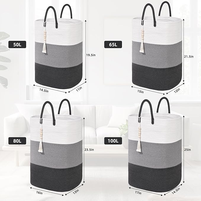 Woven Laundry Basket for Clothes,65 L Large Rectangle Laundry Hampers with Beads Tassel, Nursery Storage Basket for Toys, Tall Dirty Clothes Hamper for Bedroom Aesthetic, Laundry Room Organization