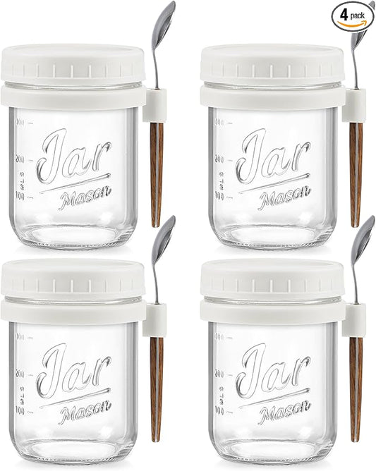 LANDNEOO 4 Pack Overnight Oats Containers with Lids and Spoons, 16 oz Glass Mason Jars with Airtight Lids, Overnight Oats Jars for Milk, Cereal, Fruit-White