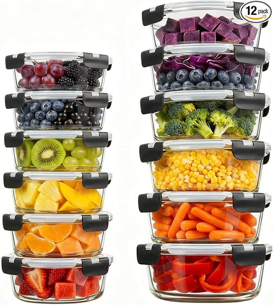 Konokyo Round Glass Food Storage Containers with Lids, 12 Pack Airtight Leakproof Meal Prep Containers, BPA-Free, Microwave Oven Freezer & Dishwasher Safe, Assorted Sizes