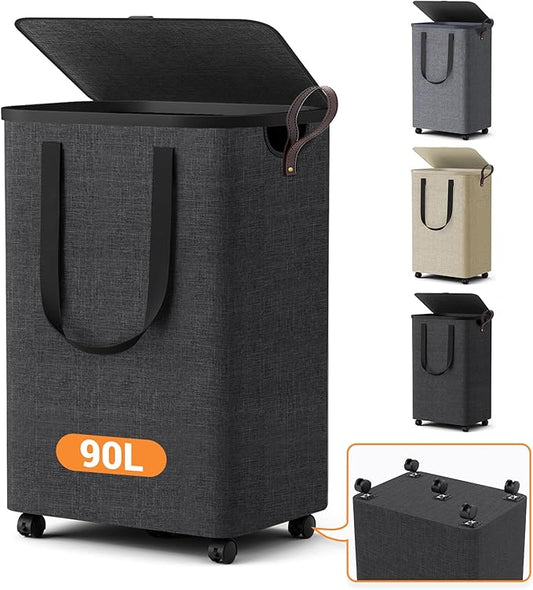 Laundry Basket with 5 Wheels, Tall Dirty Laundry Hamper, Rolling Laundry Basket with Lid, Large 90L Collapsible Clothes Hamper for Laundry Room Bedroom Bathroom Dorm, Dark Gray