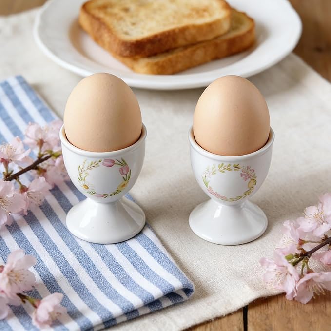 Cinf Ceramic Egg Cup Set of 2 Porcelain Holder Breakfast Boiled Cooking Easy to Clean Childhood Memories Kitchen(Floral)