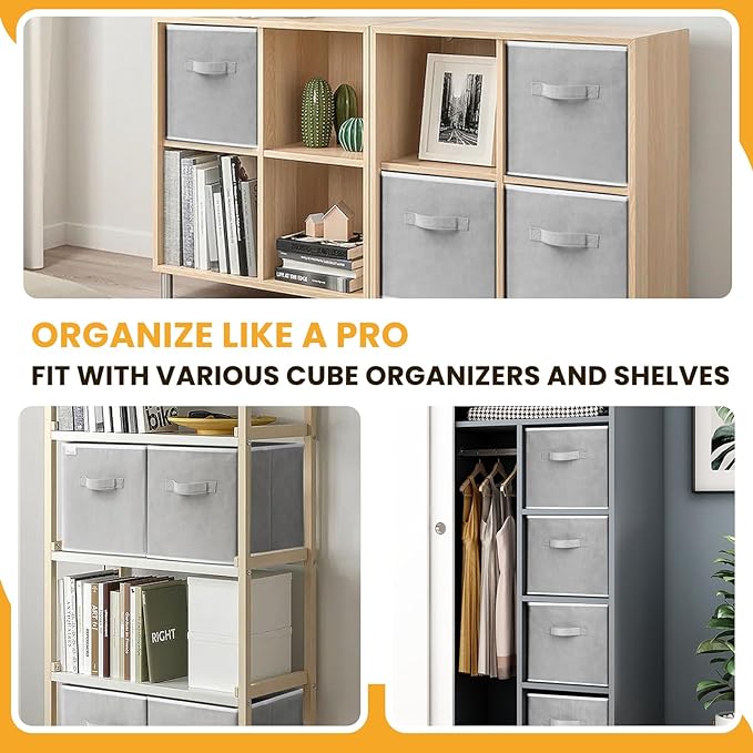 Criusia Large Storage Cubes, 13x13 Cube Storage Bins (Set of 10), Fabric Collapsible Storage Bins with Dual Handles, Foldable Cube Baskets for Shelf, Closet Organizers and Storage Box (Grey)