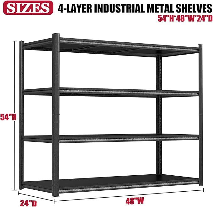 Heavy Duty Garage Shelving 2800LBS Storage Shelves 4-Tier Adjustable Metal Shelving Units Garage Storage Shelves for Industrial, Warehouse, Basement, Commercial, 54"H × 48"W × 24"D, Black