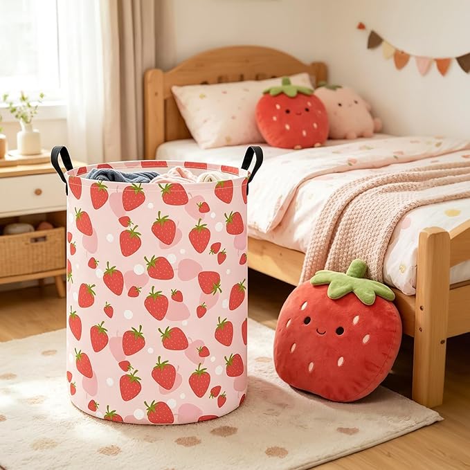 HUNRUNG Collapsible Fabric Storage Basket, Waterproof Laundry Hamper with Handles, Round Storage Bin for Clothes Toys, Foldable Organizer for Bedroom Nursery Bathroom(Round-Pink Strawberry)