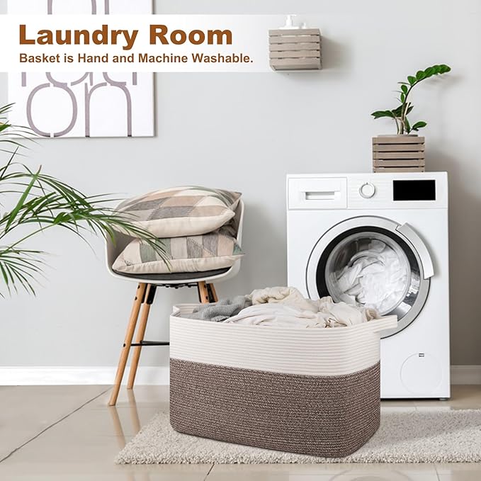 OIASKET XXXL Supre Large Blanket Basket for Clothes, Towels, Pillows, 108L Cotton Rope Storage Basket for Living Room, Supre Large Woven Toy Storage for Kids, 25" x 16" x 16", Dark Brown and White