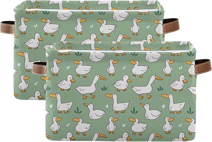 xigua Cartoon Goose Storage Basket Collapsible Storage Bins Waterproof Canvas Storage Basket with Leather Handles for Home Closets Offices,Bedrooms,Gift Baskets,2PCS