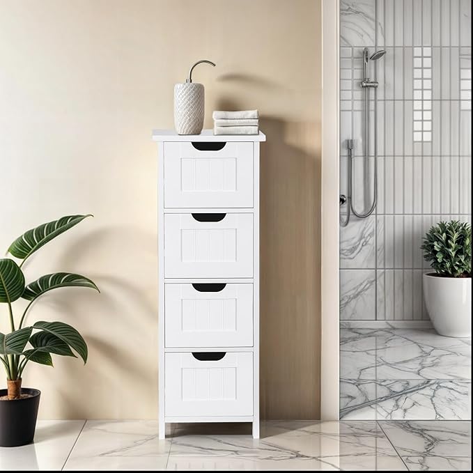 SUPER DEAL Small Bathroom Storage Cabinet with 4 Drawers, Freestanding Narrow Wooden Side Storage Organizer for Bathroom Hallway Living Room, White