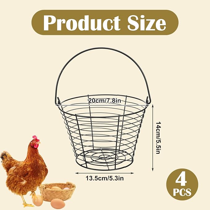 4 Pcs 8" Black Round Wire Egg Basket for Gathering Fresh Eggs Metal Egg Collecting Basket with Handle Chicken Eggs Holder Countertop Farmhouse Kitchen Decor Storage