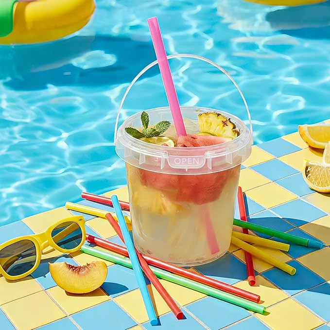 ASEVAT 12 Pack 17oz Clear Plastic Drink Buckets with Dual-Lid System, Reusable 0.5L Cups with Lids and Straws, Leakproof Bucket Cups for Boba Bubble Tea, Smoothies, Iced Coffee