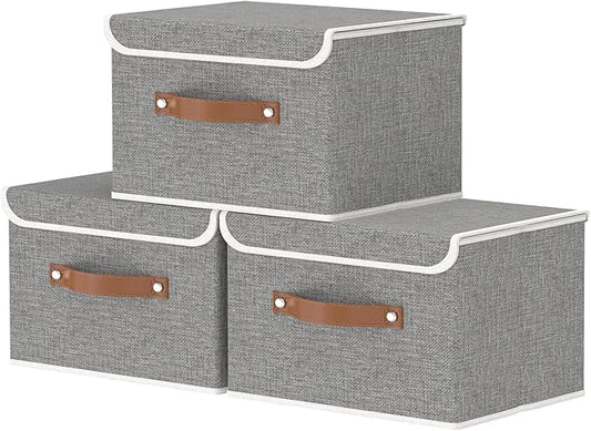 OUTBROS Storage Boxes, Collapsible Storage Bins with Lids, Cotton and linen cloth Storage Baskets with Handle, for Books, Closet, Grey, 3 Pack 10.2 x 7.9 x 6.7in
