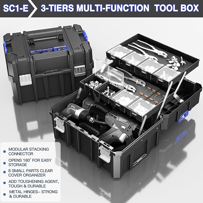 4 Tier Stackable Rolling Tool Box with Wheels | Modular Tool Organizer Box Storage System | Portable Tool Box with Drawers | Tough and Durable | For Garage Storage | Home Repairs | Professional Work