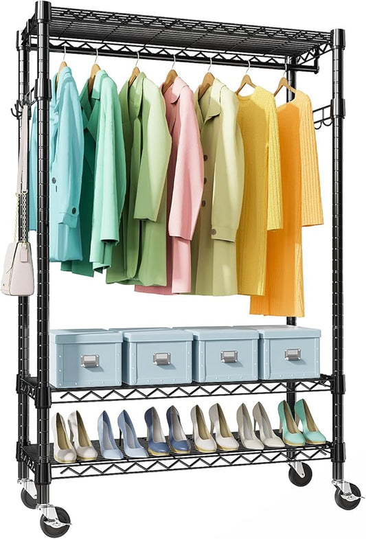 M MZG Heavy Duty Rolling Garment Rack 3 Tiers Adjustable Wire Shelving Clothes Rack with Rods and Side Hooks,Storage Closet Clothing Rack with Wheels Black 17.7" D x 47.2" W x 83.6" H